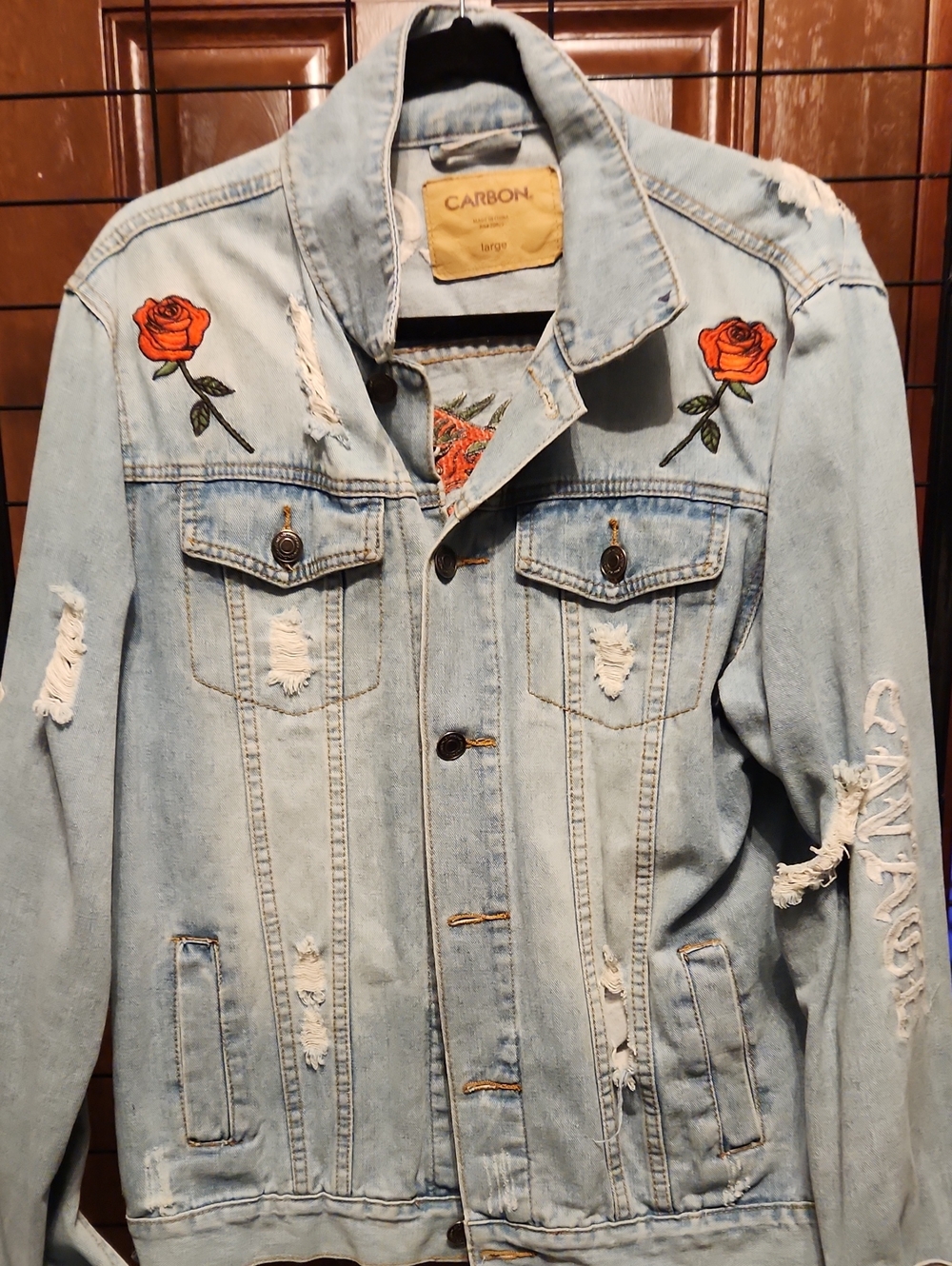 Carbon Light Blue Denim Unisex Jacket with Orange Rose Embroidery